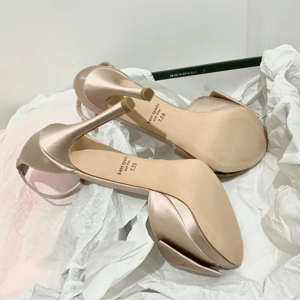 Kate Spade Bridal Bow Champagne Satin Platform Sandal Stiletto Heel Evening pump